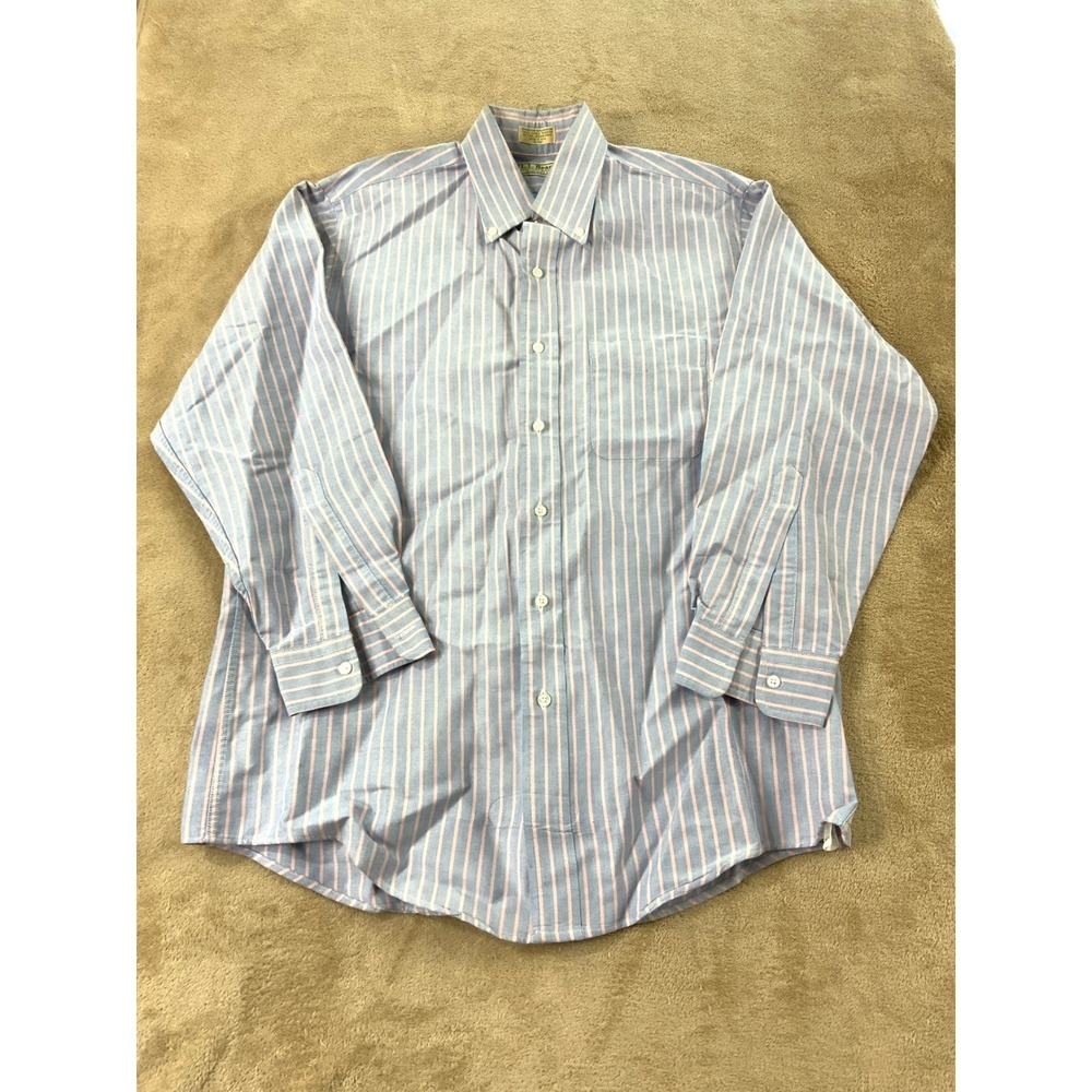 Vintage LL Bean shirt men 16-32 Blue pink stripes Long Sleeve Button Down EUC‎